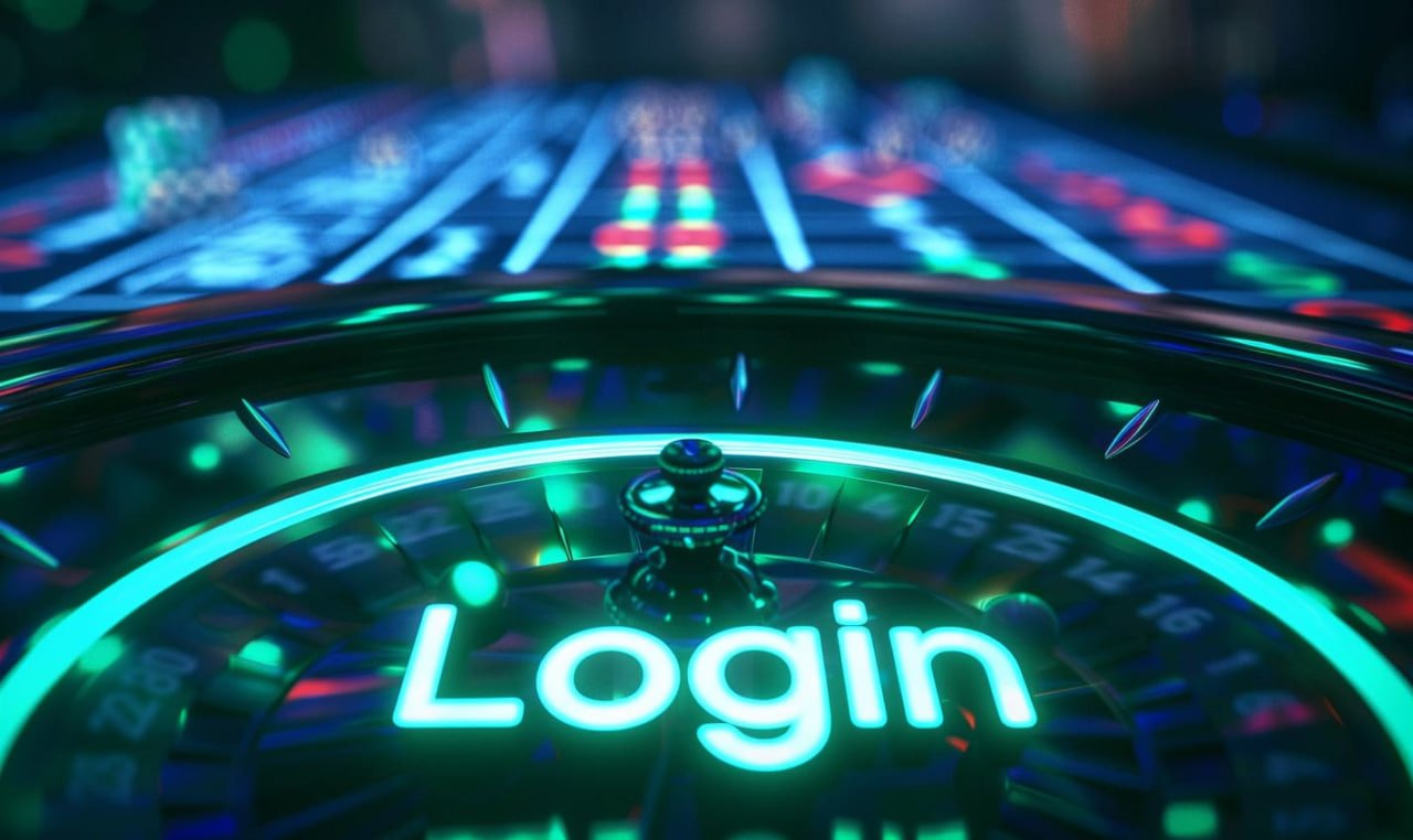 Susunan mesin slot modern penuh warna di meja kasino dengan pencahayaan neon